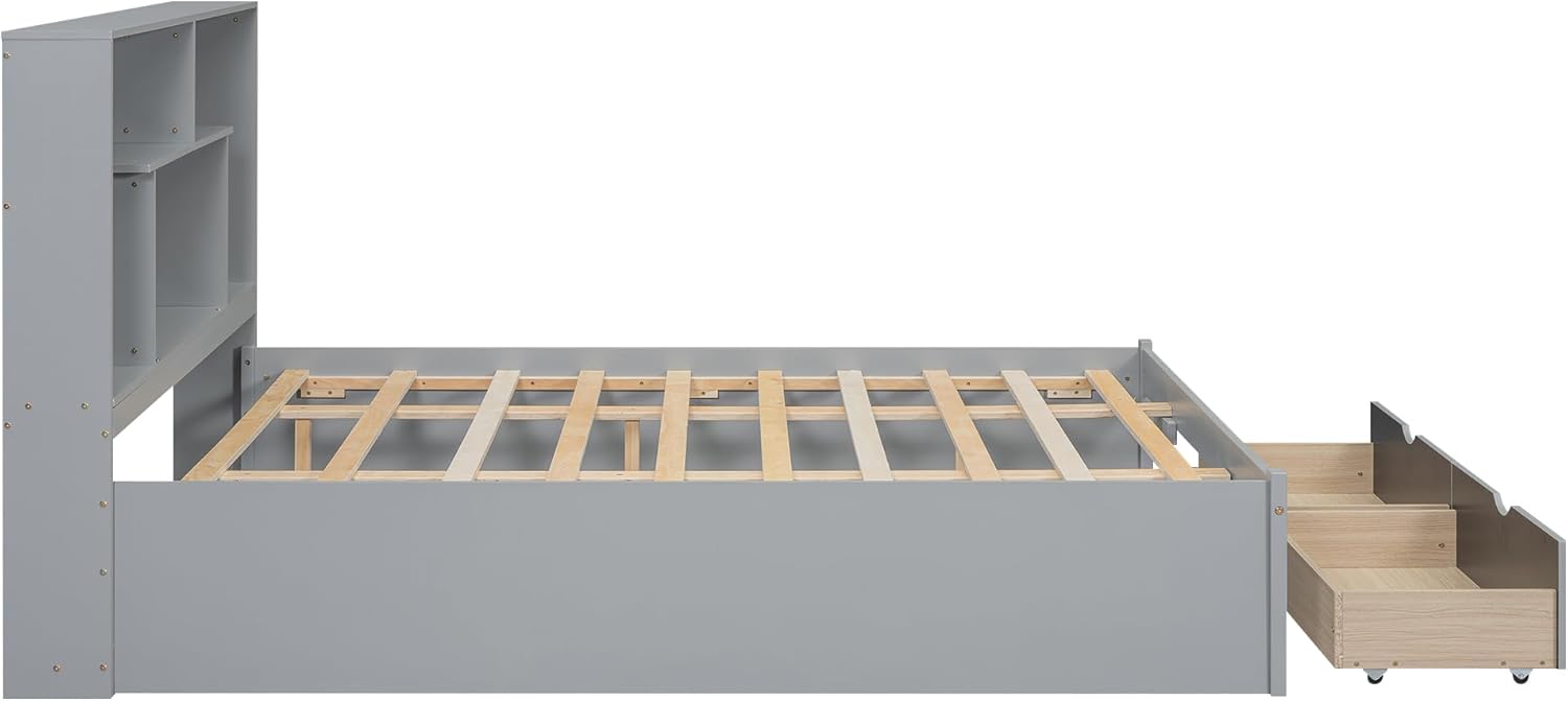 Queen Size Bed Frame, Wooden Platform Bedframe with Bookcase Headboard and 2 Storage Drawers, No Box Spring Needed, Gray