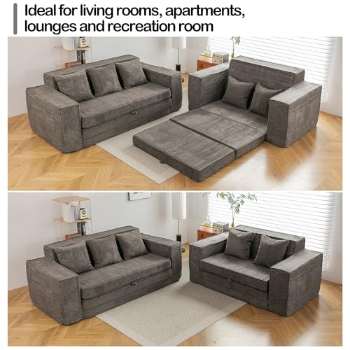 HOMREST 76" Convertible Memory Foam 3-seat Sofa, Pull Out Sleeper Sofa Bed, 2 in 1 Folding Couch Bed, Fold Out Floor Couch Corduroy Fabric with 3 Pillows for Living Room Bedroom Lounge (Grey)