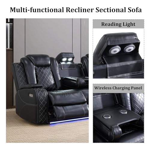 Power Recliner Sectional Sofa with LED Light, Breathing Leather Recliner Sofa Couch with USB Port/Cup Holder/Storage for Living Room (6 Seat Reclining Sectional Couch, Black)