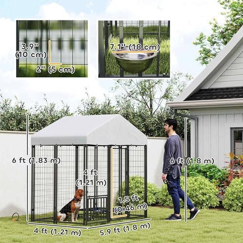 PawHut 4.6' x 4.6' x 5' Dog Kennel Outside, Welded Wire Outdoor Dog Kennel Run with Waterproof & UV Resistant Cover, for S&M Breeds, Chickens, Ducks, Black