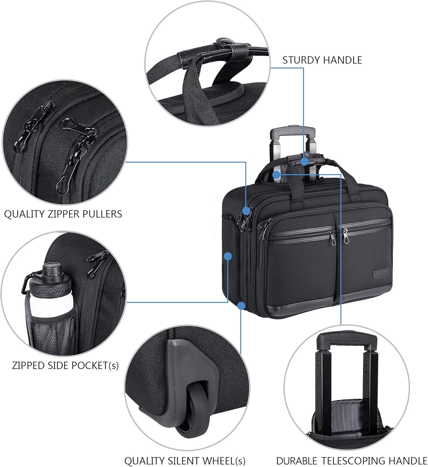 Rolling Laptop Bag Premium Rolling Briefcase Fits Up to 17.3 Inch Laptop Water-Repellent Overnight Rolling Computer Bag with RFID Pockets for Travel/Business/Men/Women-Black
