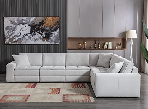 Roundhill Furniture Breton Modular Sectional Sofa Couch for Living Room, L Shape+Ottoman, 7-Piece, Oyster Grey