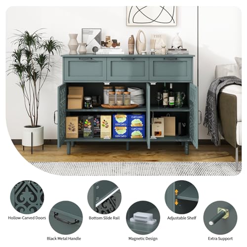 Sideboard Buffet Cabinet with Storage - Accent Storage Cabinet American Furniture, Modern 2 Door 3 Drawer Cabinet, Farmhouse Wood Credenza for Living Room, Bedroom, Dining Room (Blue)