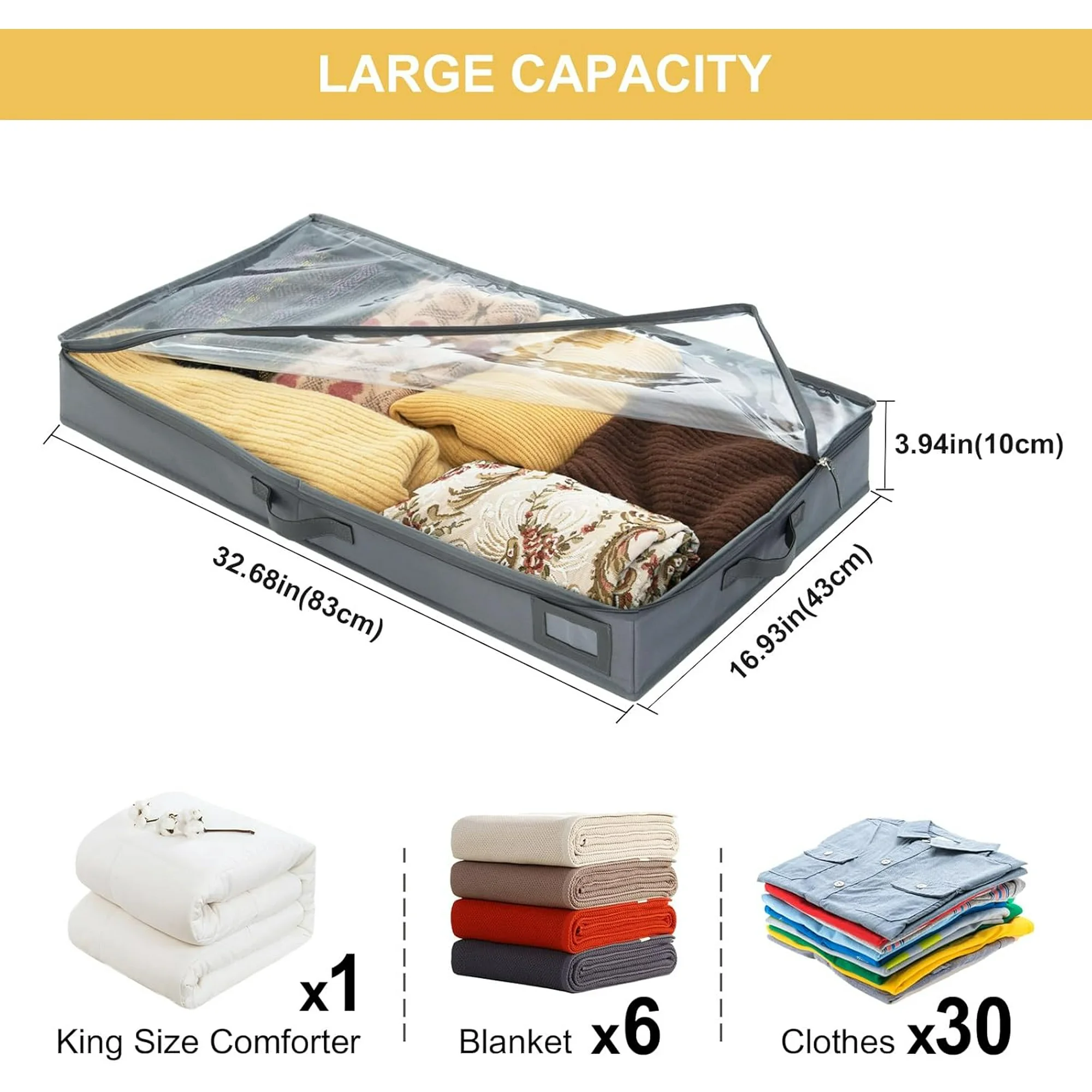 4-Inch Under Bed Storage Containers (3-Pack) | Sturdy Sidewalls | Clear Cover &amp; Label Holder | Underbed Organizer for Crib/Couch | Stores Clothing/Blankets/Wrapping Paper/Toys
