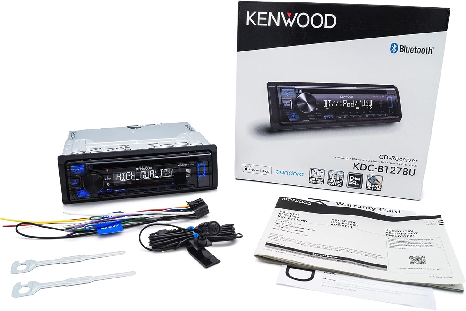 KENWOOD KDC-BT278U CD Car Stereo w/ Bluetooth, Single DIN, App Control & AM/FM Radio, USB Port, AUX Input
