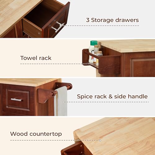 54" Large Kitchen Island Cart with Drop Leaf, Kitchen Island with Storage, Rolling Kitchen Island with Inside Cabinet, 3 Drawers, Spice Rack, Towel Rack and Wood Tabletop(Black)