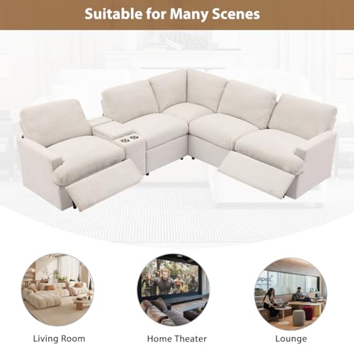 Large Sectional Sofa Couch L-Shaped Recliner Corner Sofa with 2 Power Recliners Storage Box Cup Holders USB Ports and Power Socket, Linen Upholstered Home Theater Reclining Sofa for Living Room, Beige