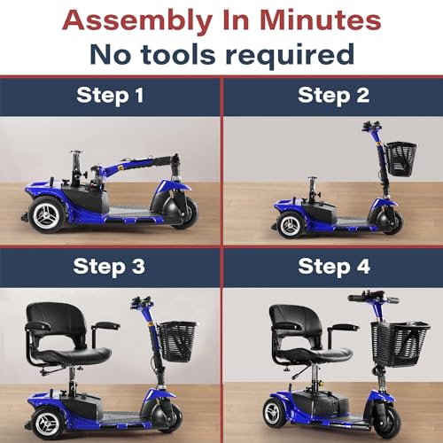 4 Wheel Battery Powered Electric Mobility Scooter - Electric Transportation Wheelchair - Compact Heavy Duty Mobility for Travel, Adults and Seniors includes Basket and Charger (Red)