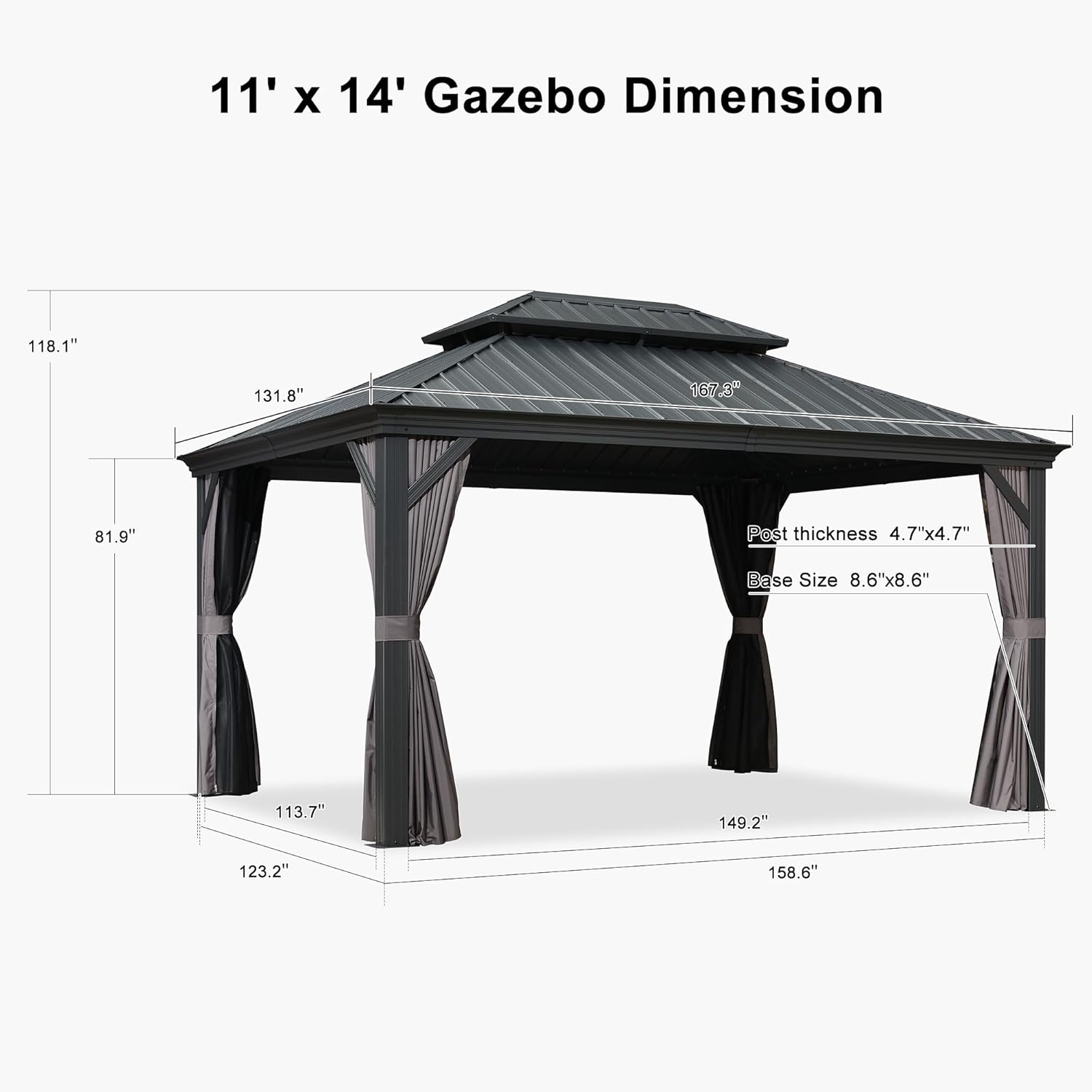 PURPLE LEAF 11' X 14' Hardtop Gazebo with Galvanized Steel Double Roof Outdoor Gazebo for Patio Lawn and Garden Curtains and Netting Included Grey