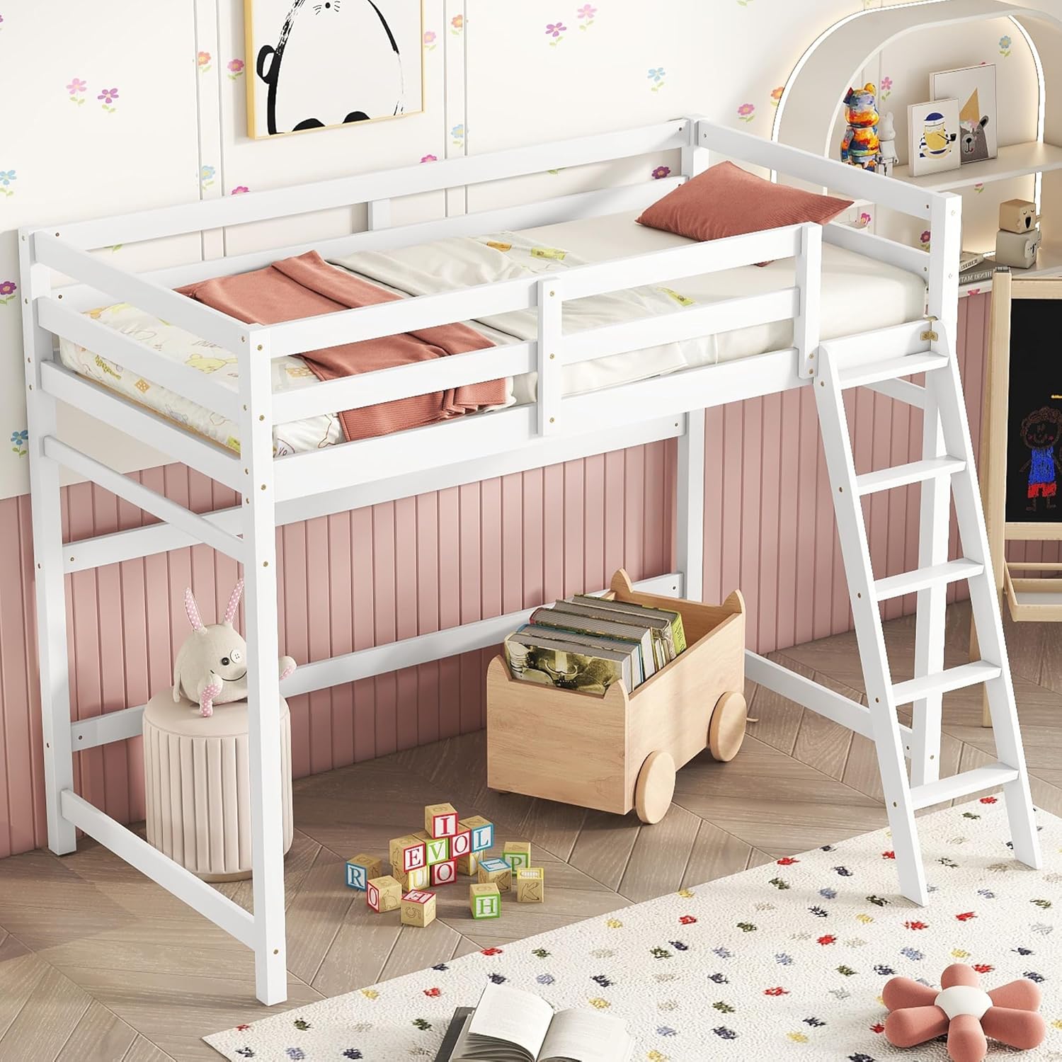 Twin Size High Loft Bed with Ladder Safety Guardrail,Wooden Loft Bed Frame for Kids/Teens,Space-Saving Design for Boys/Girls Bedroom,Easy Assemble,No Box Spring Needed,White