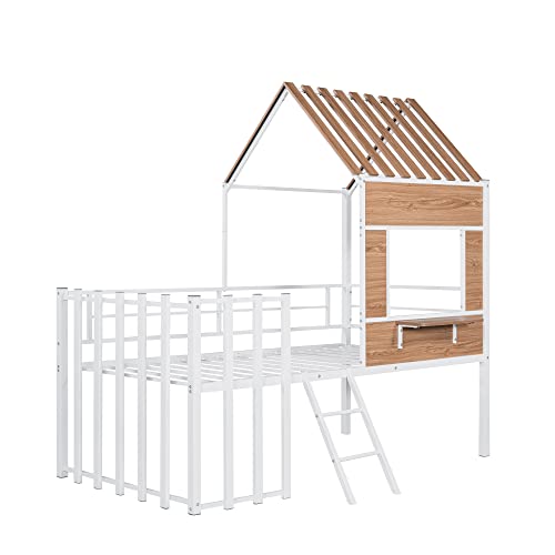 Harper & Bright Designs Kids House Beds Low Loft Bed Frame with Roof, Window, Guardrail and Ladder, Metal Twin Size Loft Bed for Kids Teens Girls Boys (Twin, White)