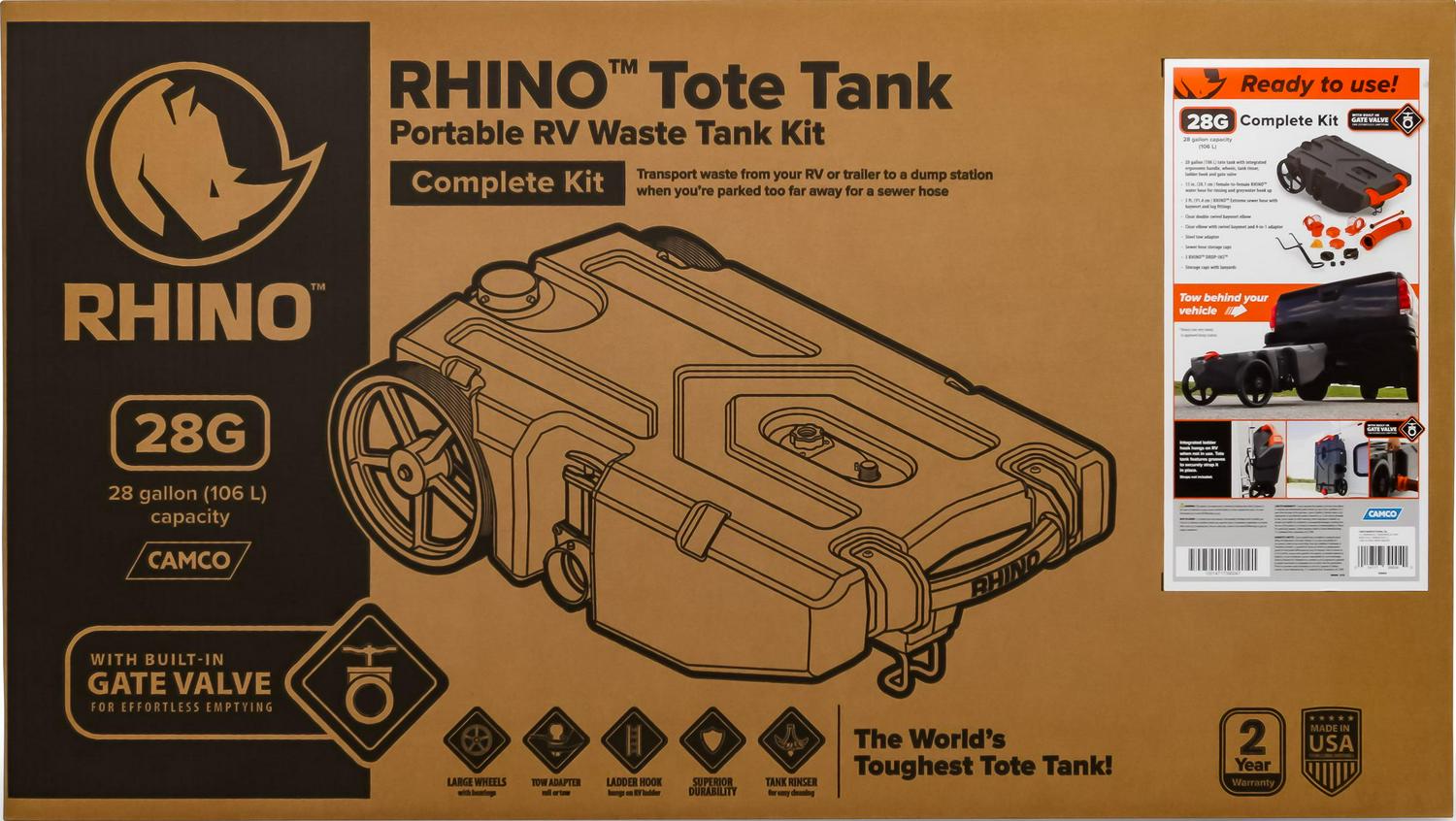Camco Rhino Heavy Duty 28 Gallon Portable RV Waste Holding Tank with Hose and Accessories ?Durable Leak Free and Odorless RV Tote Tank (39004)