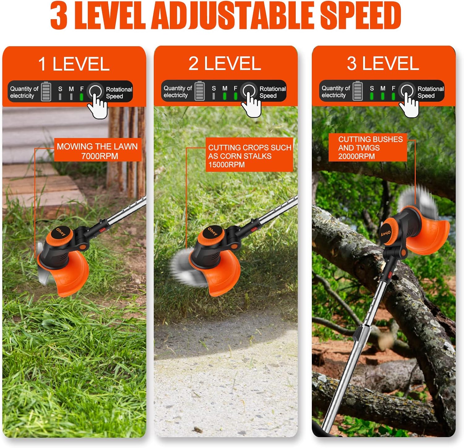 Brushless Motor Weed Eater, 3 Level Adjustable Speed Electric Weed Wacker Cordless Trimmer with Power Display, Portable Battery Powered Rechargeable Home Lawn Mower for Lawn, Yard, Garden