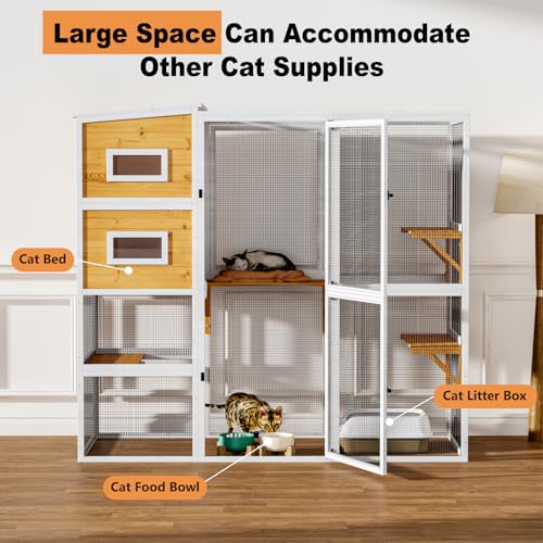 Catio Outdoor Cat Enclosure, Large Cat House for Mulitiple Cats Walk in Cat Cage with Waterproof Cover and Sunshine Panel Roof, Feral Cat Shelter with 7 Platforms and 2 Resting Box, 72 inch