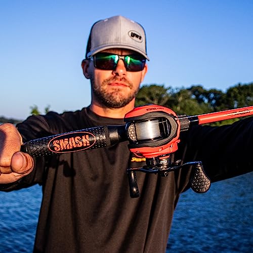 Lew's MACH Smash Baitcast Reel and Fishing Rod Combo, IM6 Graphite Blank Fishing Rod, Split Grip Winn Dri-Tac Handle, Fluorescent Red