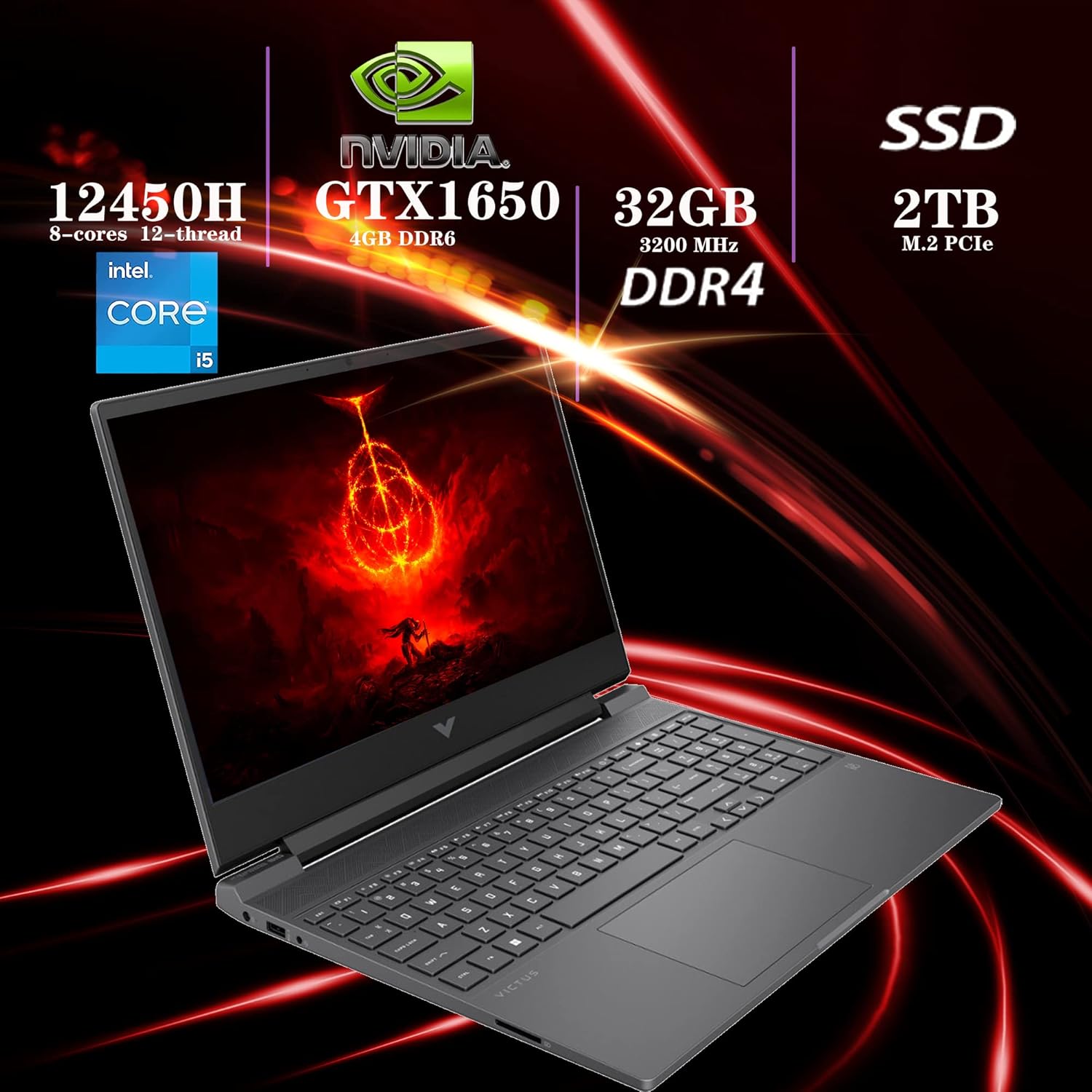 HP Victus 15.6" FHD 144Hz Gaming Laptop, Intel 12th Core i5-12450H, 32GB RAM, 2TB PCIe SSD, NVIDIA GeForce GTX 1650 Graphics, Backlit Keyboard, Win 11 Pro, Mica Silver, 32GB Hotface USB Card