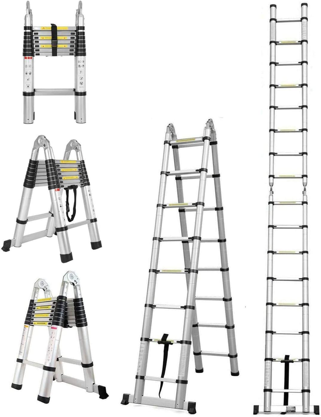 16.5FT/5M(2.5+2.5m) Household Ladder Telescopic Aluminum Extension 16 StepsLadder with Slip-Proof Feet 330lbs Max Capacity, EN131 Standard
