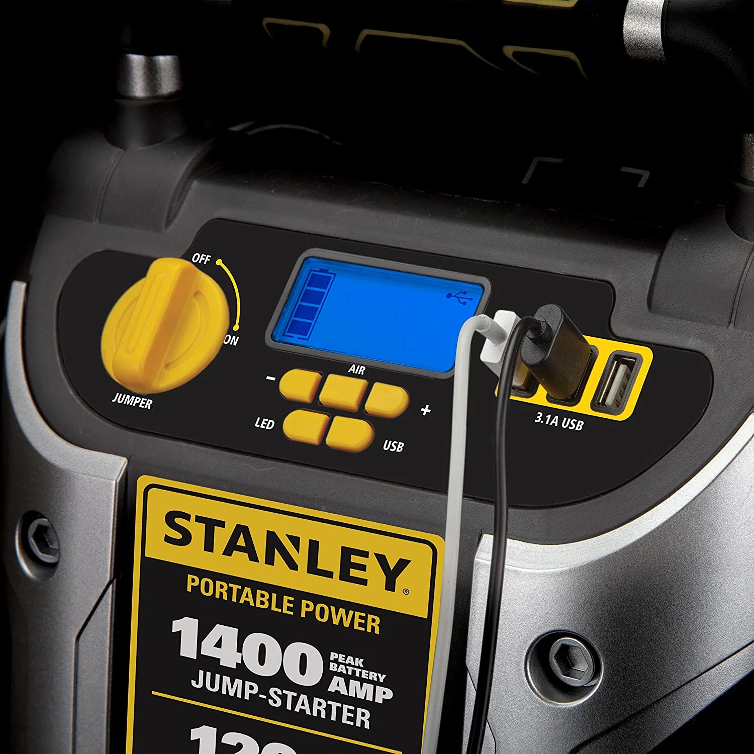 Braun Stanley J7C09D Digital Portable Power Station Jump Starter: 1400/700 Instant Amps, 120 PSI Air Compressor, 3.1A USB Ports, Battery Clamps