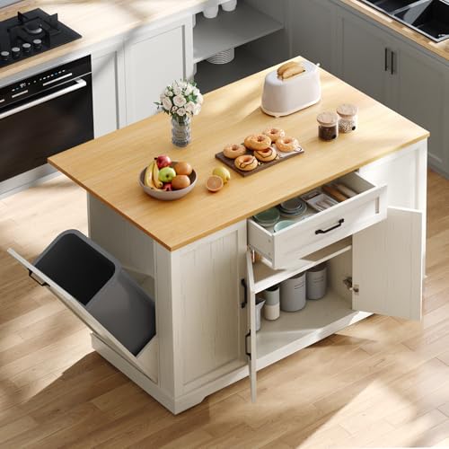 YITAHOME 50" Rolling Kitchen Island with Power Outlet & Drop Leaf, Mobile Storage Islands with Trash Can Cabinet, Microwave Rack Serving Cart on Wheels with Spice Rack, Retro White