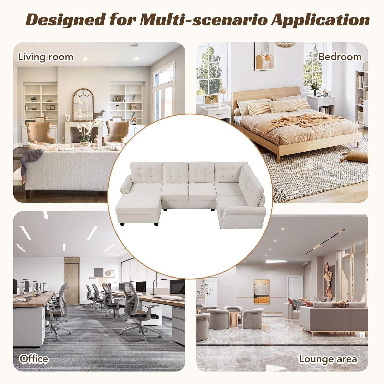 120" Corner Sectional U-Shaped Oversized, Upholstered Modern Tufted Backrest and Nailhead Trim Armrest, Space-Saving Linen Fabric Sofa Couch for Living Room,Bedroom,Beige