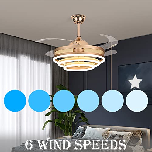 42" Invisible Ceiling Fan Chandelier Light,Modern DIY Ceiling Fan Light Remote Control 4 Retractable ABS Blades for Bedroom Living Dining Room Decoration (42", Gold)