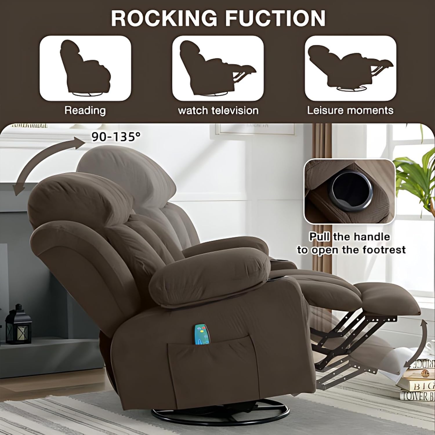 Swinging Recliner Massage Heated Sofa, Massage Recliner Chair with Adjustable Backest and USB Port, 360 Swivel Lazy Electric Recliner Chair for Living Room (Brown)