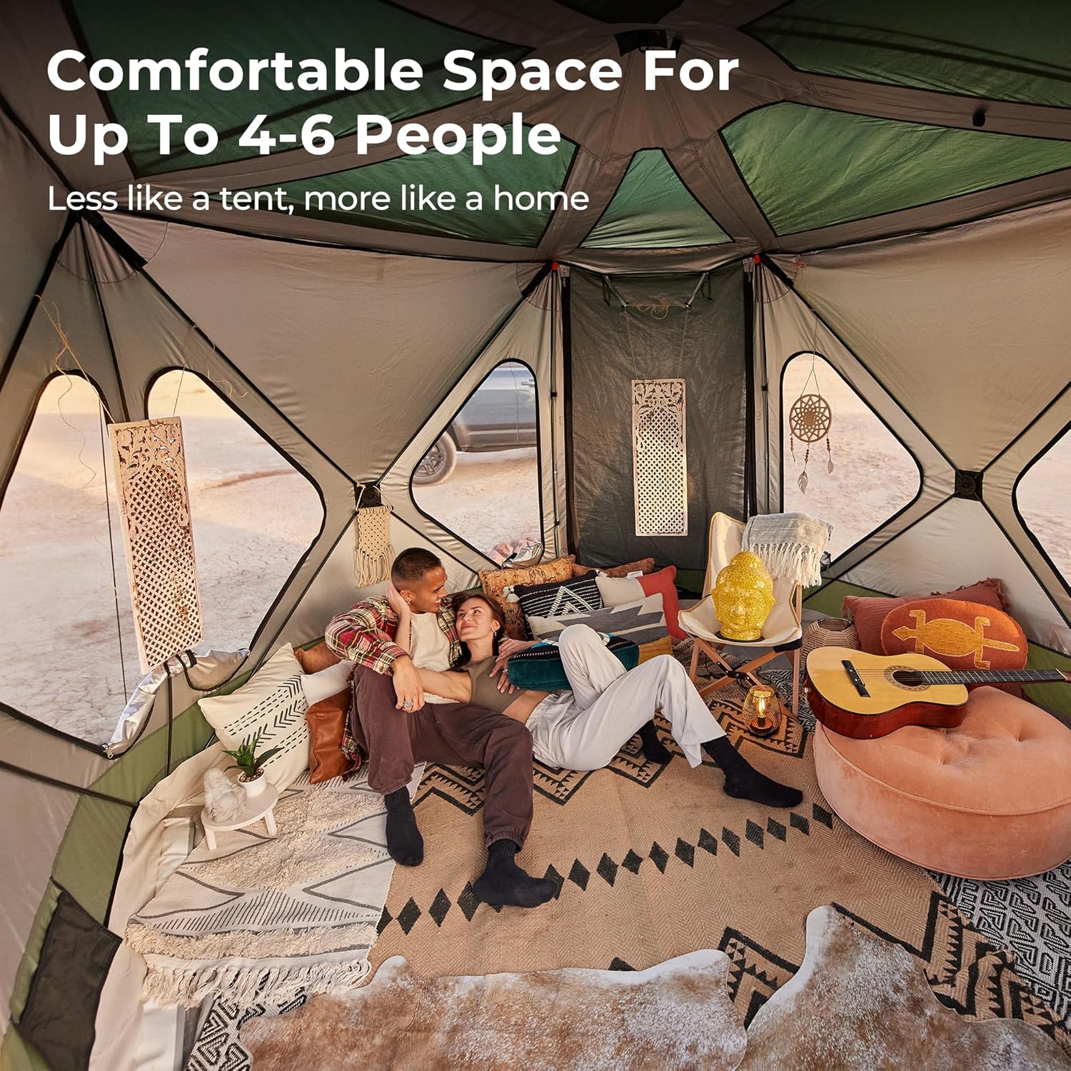 ACACIA Space Camping Tent XL, 4-6 Person Large Family Tent with 6'10'' Height, 2 Doors, 8 Windows, Waterproof Pop Up Easy Setup Hub Tent with Rainfly, Footprint for Car Camping, Glamping, Celestite