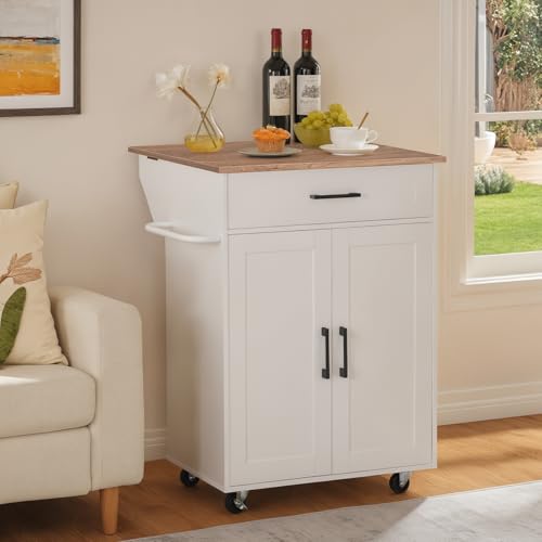 Kitchen Island on Wheels with Drop Leaf, Folding Countertop Kitchen Island Cart, Kitchen Island Table with Towel Rack, Drawer, for Kitchen, Dining Room, White and Natural KINW12501