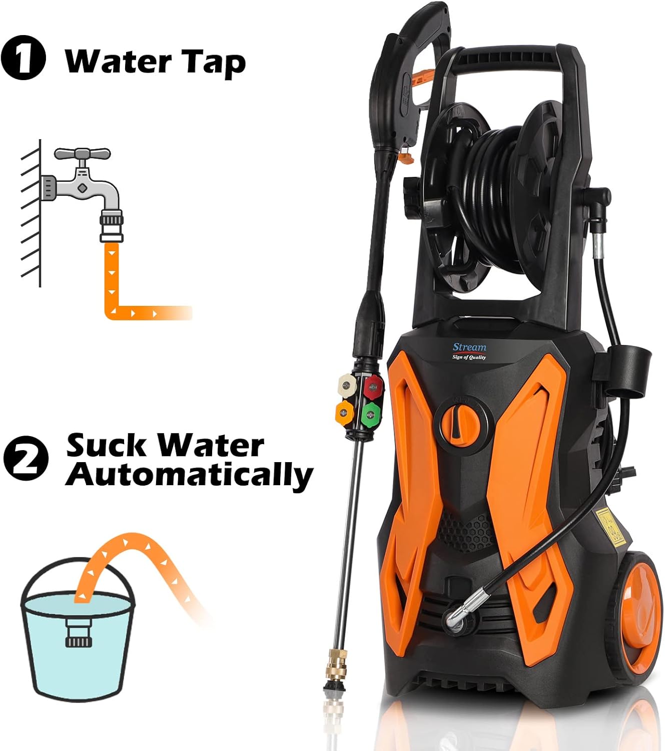 Electric Pressure Washer, Max. 3600PSI 2.4GPM 2000W Power Washer Pressure Washer with Hose Reel Spray Gun 5 Nozzle Adapter, and Foam Cannon, for Cleaning Cars/Fences/Patio