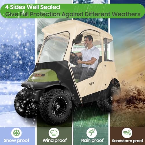 10L0L Golf Cart Driving Enclosure for 2 Passenger Club Car Precedent, Onward & Tempo, 600D Deluxe Heavy Duty Oxford Cloth Waterproof Windproof Golf Cart Rain Cover (Black/Beige)