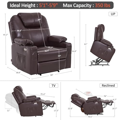 MCombo Power Lift Recliner Chair for Elderly, Lift Chair with Heat and Massage, FSC Certified, USB Ports, Cup Holders, Faux Leather 7040 (Black, Medium)