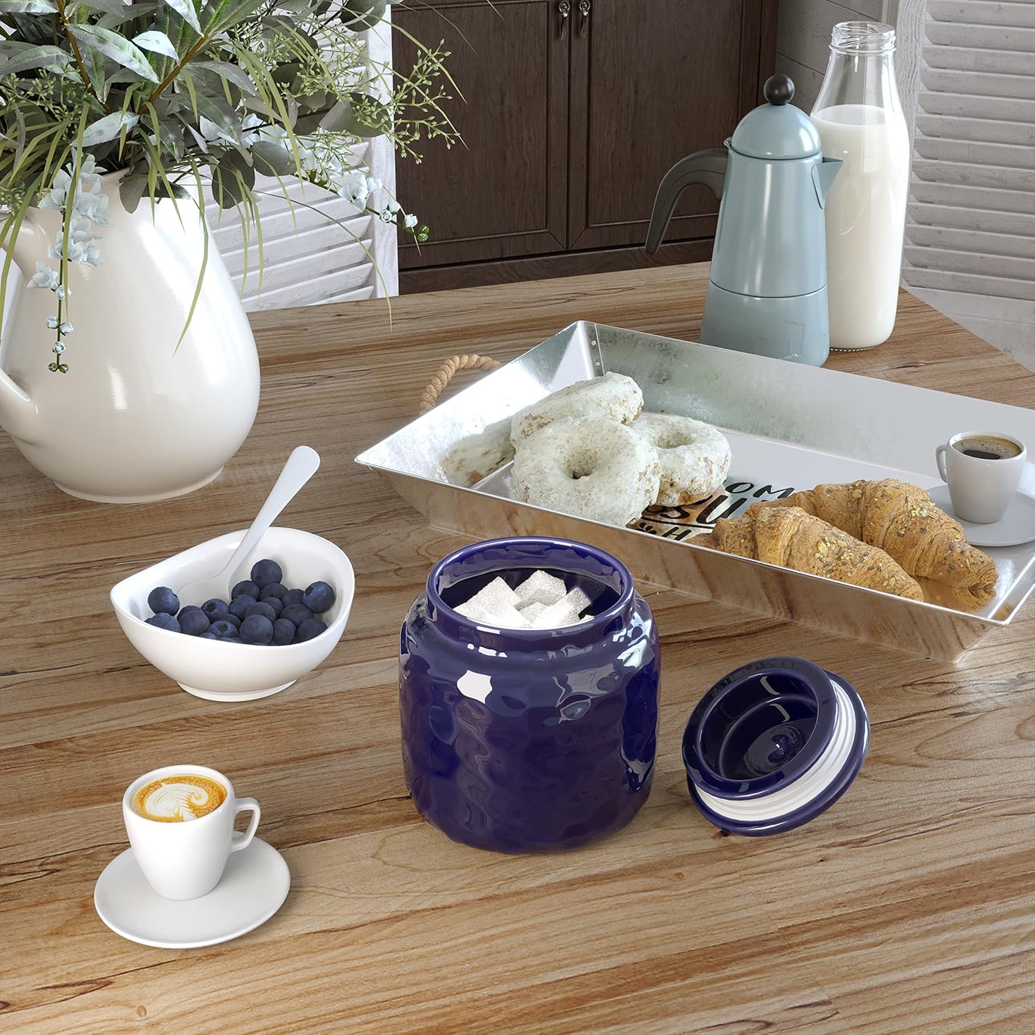 Barnyard Designs Ceramic Airtight Kitchen Canister Decoration with Lid, Rustic Farmhouse Country Decor Container for Sugar, Flour, Coffee or Tea Storage, 5 x 6, Royal Blue