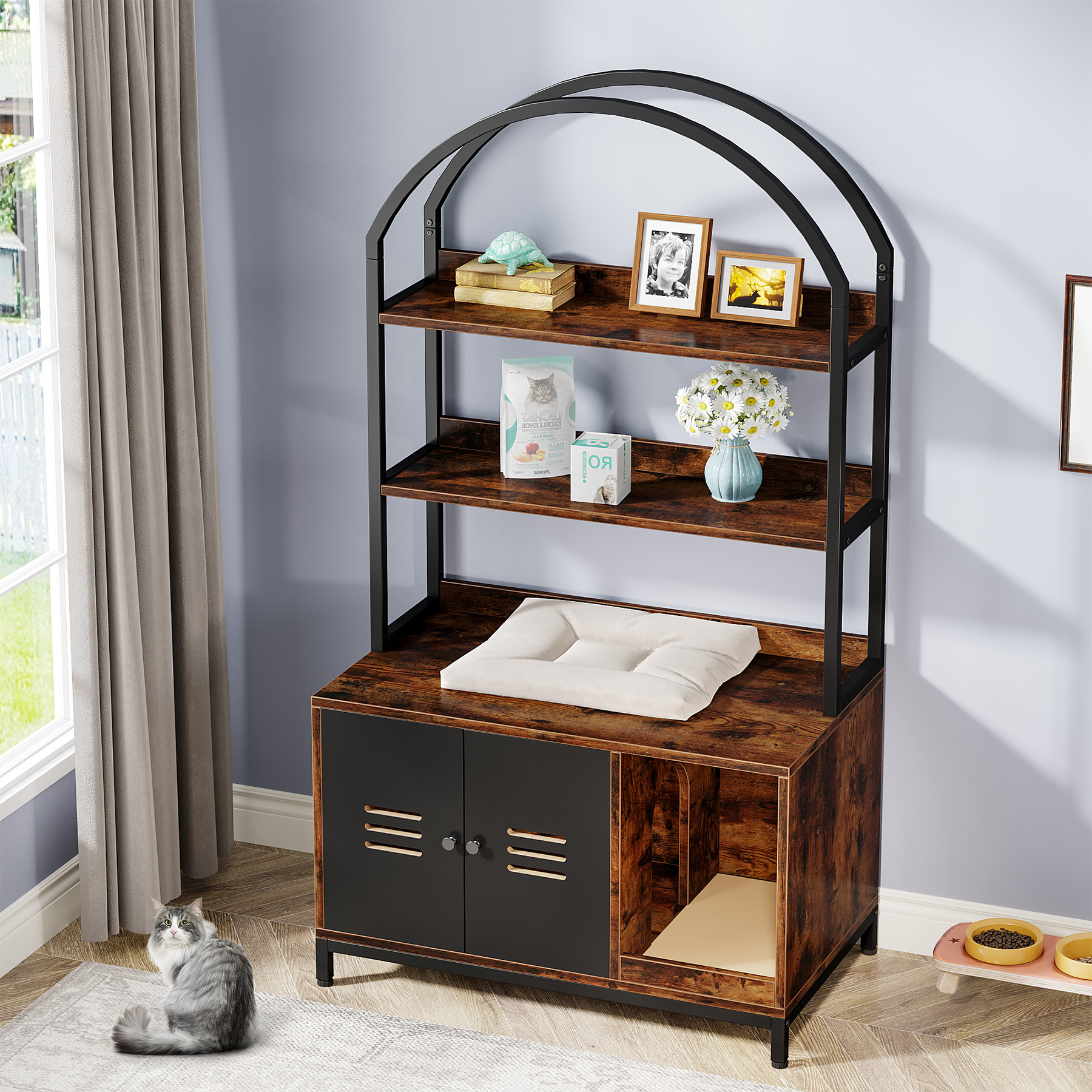 Tribesigns Cat Litter Box Enclosure Furniture, Hidden Litter Box Cabinet with Shelves, Wood Disguise Cat Washroom Pet House Cat Box with Doors, Industrial Cat Cabinet for Living Room, Bedroom