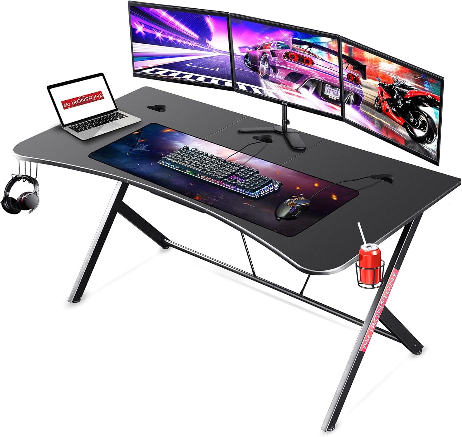 Mr IRONSTONE Large Gaming Desk 63 W x 32 D Home Office Computer Table, Black Gamer Workstation with Cup Holder, Headphone Hook and 3 Cable Management Holes