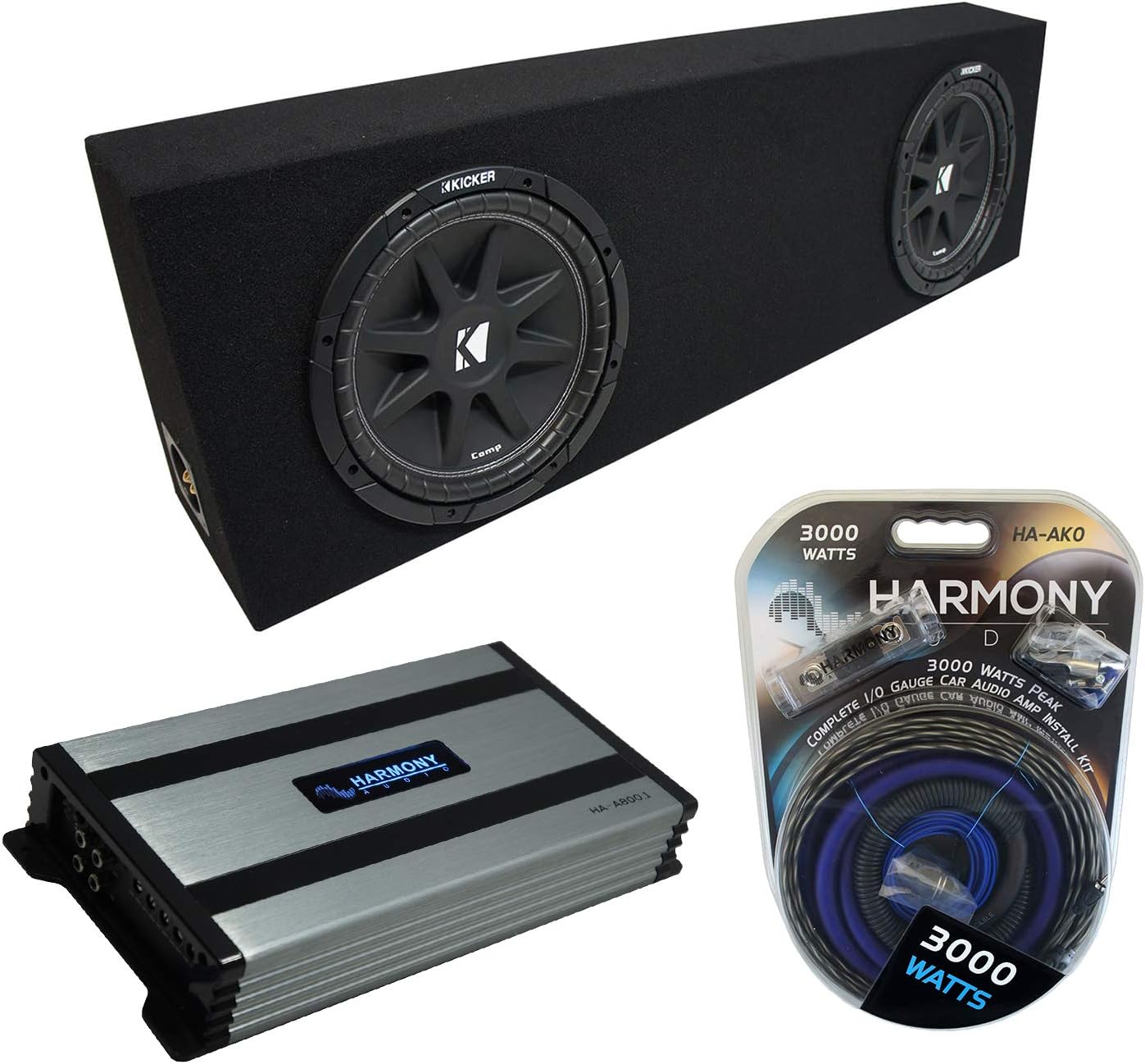 Universal Regular Cab Truck Kicker Bundle Comp C10 Dual 10 Black Sub Box Enclosure & Harmony HA-A800.1 Amp