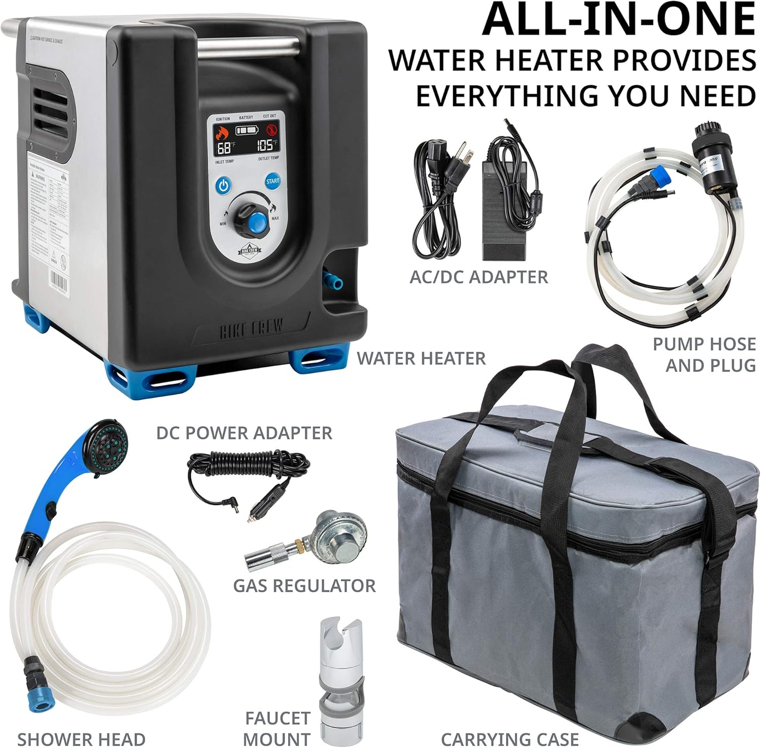 Hike Crew Portable Propane Water Heater & Shower Pump w/Built-in Battery | Compact Outdoor Cleaning & Showering System w/LCD, Safety Shutoff & Carry Case, Instant Hot Water for Camping & Hiking