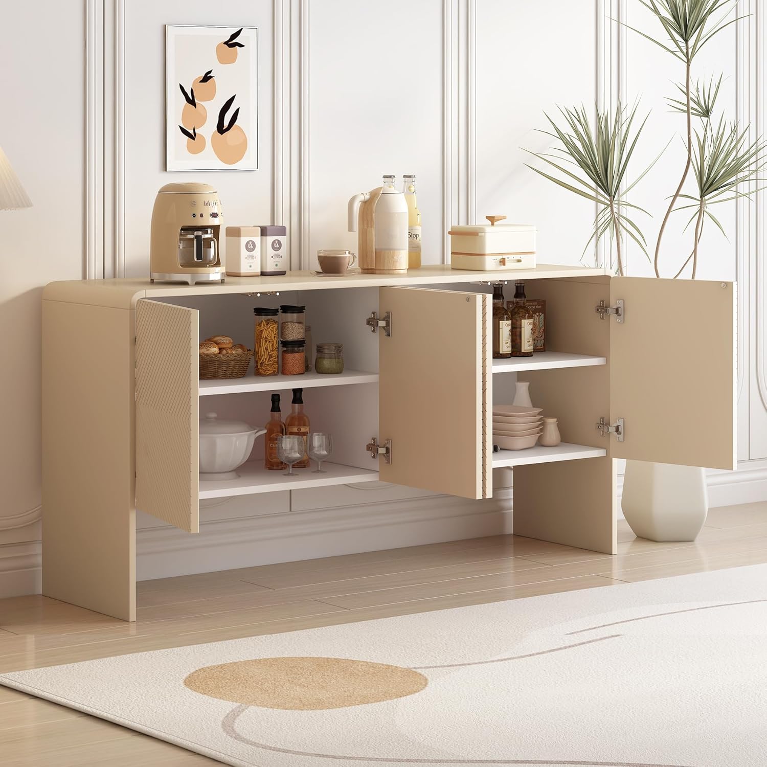 Large 60" Storage Sideboard with 4 Doors, Adjustable Shelves and Rebound Device, Minimalist Style Buffet Cabinet for Living Room and Entryway, Apricot Cream