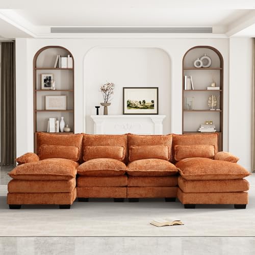 OUYESSIR U Shape Sectional Sofa Cloud Couch, 110" Upholstery Comfy Modular Sofa, 4 Seat Chenille Modern Sleeper Sofa with Double Chaise for Living Room,Orange