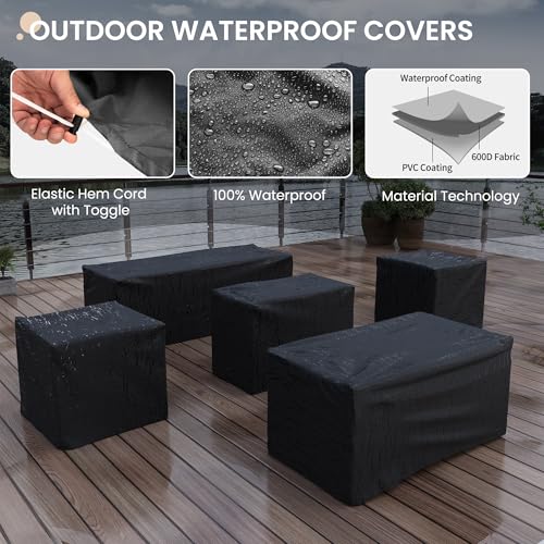 Outdoor Patio Furniture Set, 5 Piece Patio Conversation Sets with Storage Table, Wide Armrest Outside Sectional Sofa with Waterproof Covers for Porch, Backyard, Balcony, Poolside(Khaki)