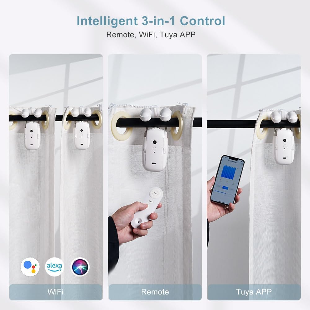 Smart Automatic Curtain Opener: 2PCS Remote Control Electric Curtain Robot with App/WiFi/Remote, High-Performance Motor Compatible with Alexa, Google, Siri for Roman Rod, T/U-shaped Track