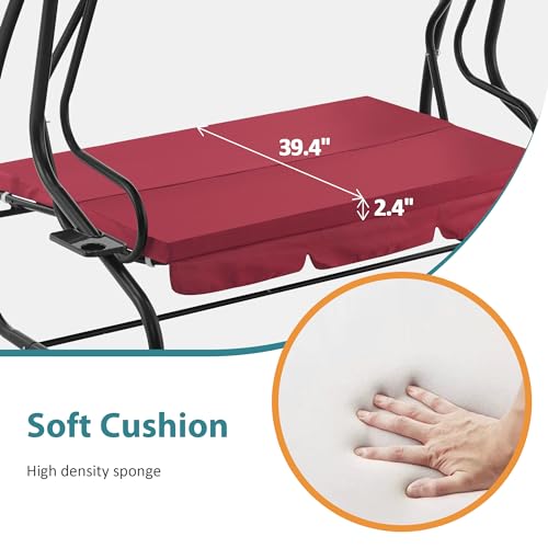 MCombo 3 Seat Patio Swing Chair, Outdoor Swing with Adjustable Canopy, Weather Resistant Steel Frame, Porch Swing Sets for Backyard, Poolside, Balcony, 4090 (Burgundy)