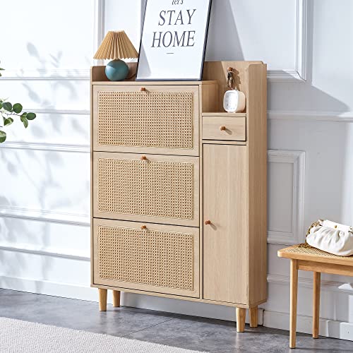 Olela Organizer Shoe Cabinet Storage with Rattan Doors & Adjustable Shelves, Modern Hidden Shoe Rack with 3 Flip Drawers & 2 Small/Large Shelves for Entryway, Front Door Entrance