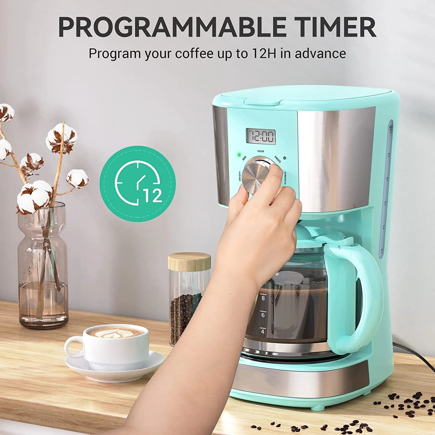 12-Cup Programmable Coffee Maker,  Drip Coffee Machine Coffee Brewer with Timer, Anti-Drip Pot, Reusable Filter, Auto Keep Warm Function for Home Office, Blue