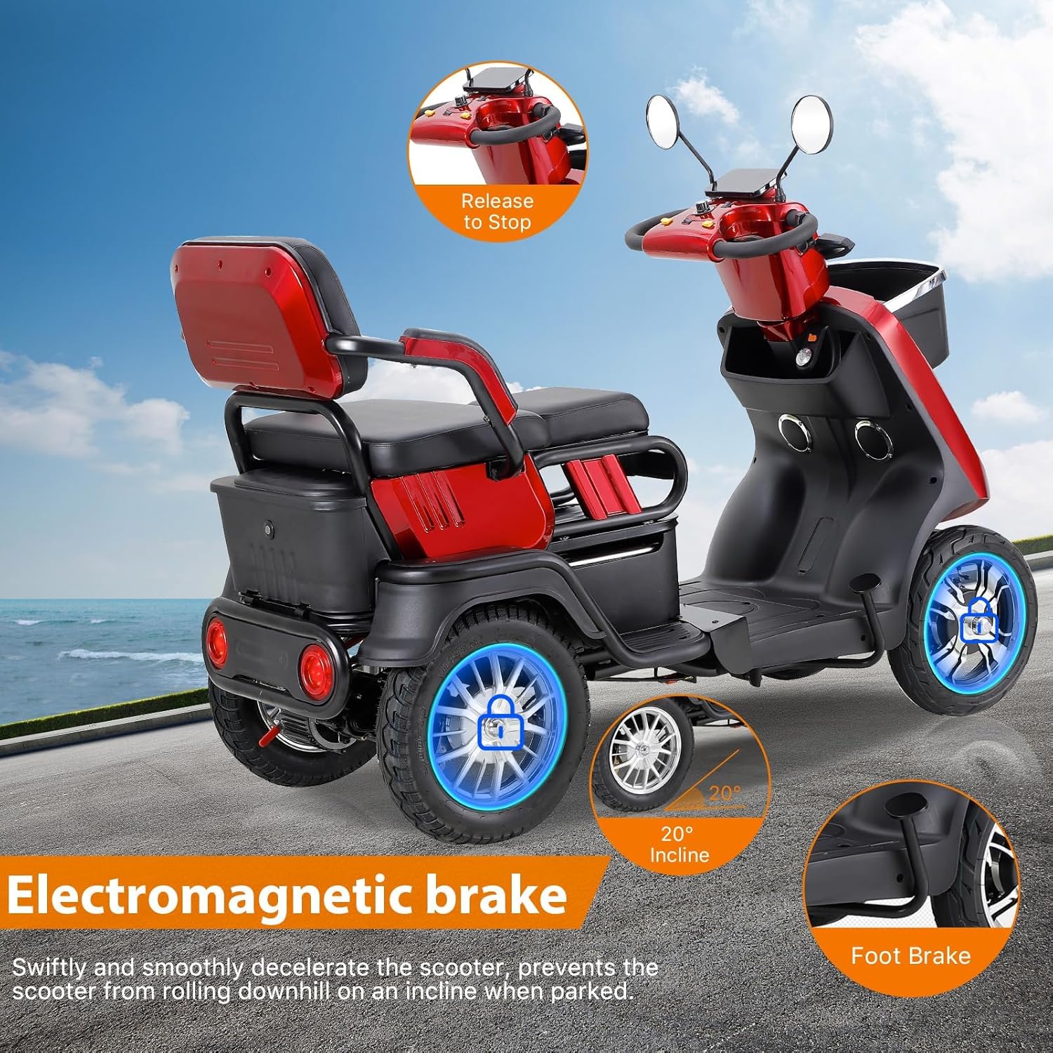 Two Seater Mobility Scooters for Seniors & Adults 500lbs Capacity - Heavy Duty Electric Powered Mobility Device - Double Seat Mobility Scooter for Travel, Elderly w/Remote Key- Red