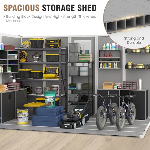 Outdoor Storage Shed, 6x6 FT Resin Shed with Floor and Lockable Door, Window, Vents, Tool Sheds and Outdoor Storage for Bike, Garden Accessories, Tools, Waterproof (Grey & White)