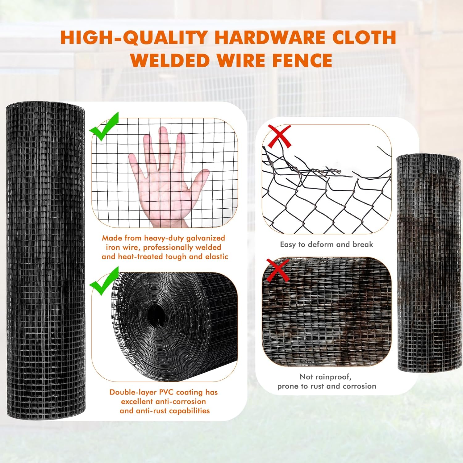 Hardware Cloth 1/2 inch 36 x 100 ft, 19 Gauge Square Vinyl Coated Galvanized Wire Metal Mesh Roll, Black PVC Chicken Wire Fencing for Poultry Cage Home Improvement Projects