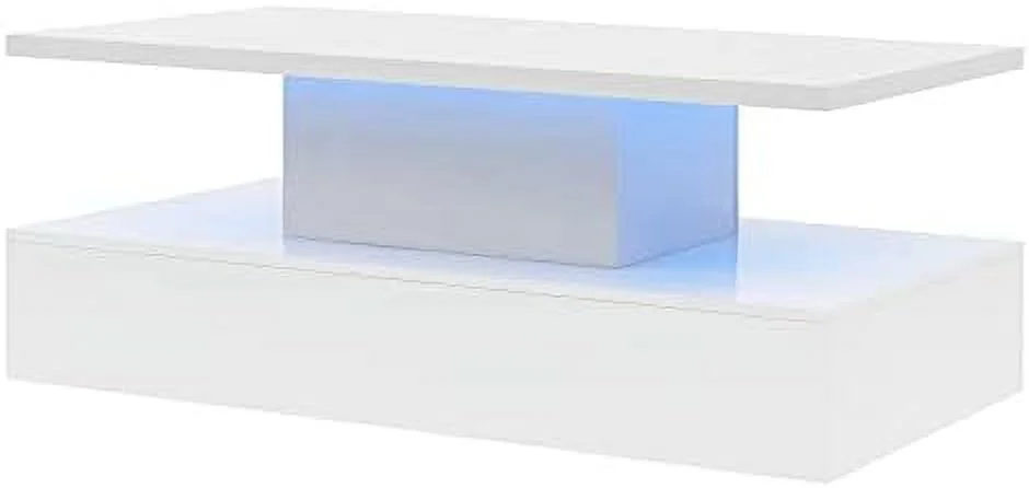 RUNFAYBIU Modern Coffee Table with LED Lights  High Gloss Rectangle Coffee Table with 2 Tiers and 16-Color LED Light  47.2 in Cocktail End Table Modern Side/End/Sofa Table for Living Room