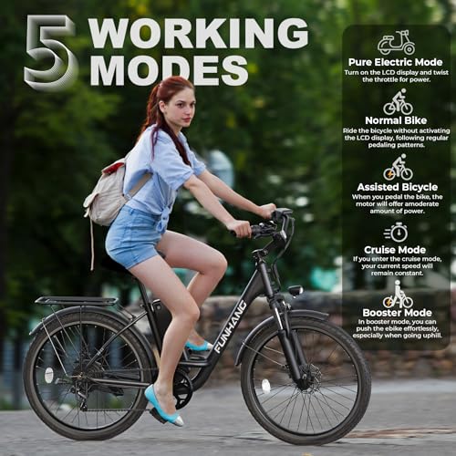 Electric Bike for Adults, 26" 1000W Peak City Cruiser Ebike, 21.7MPH 50 Miles Commuter Electric Bicycle with 48V 374.4WH Removable Li-ion Battery, Adjustable Stem, Rear Rack, Fenders, 7-Speed