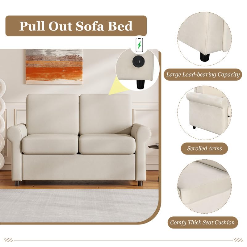 Pull Out Sofa Bed, 2 in 1 Pull Out Couch Sleeper Sofa Bed Couch with Twin Size Mattress Pad & 2 USB Ports, Convertible Sofa Couch Loveseat Sleeper for Living Room, Bedroom, Small Space, Grey