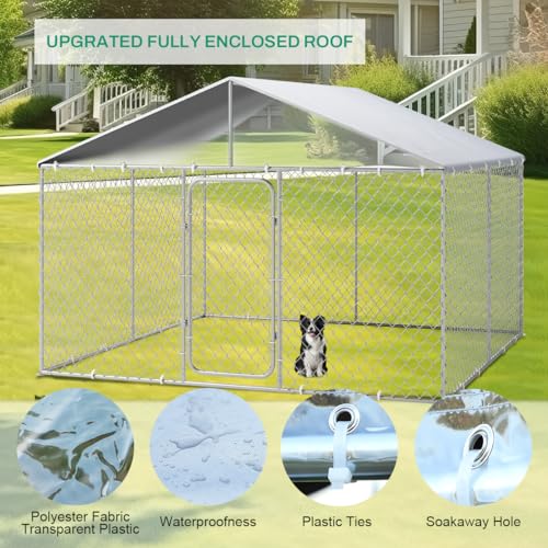 LEISU Outdoor Dog Kennel, Outside Dog Kennel with Roof, Large Dog Run Enclosure, Heavy Duty Dog Pens House, Pet Playpen with Galvanized Chain Link Waterproof Cover (8 x 8 FT)